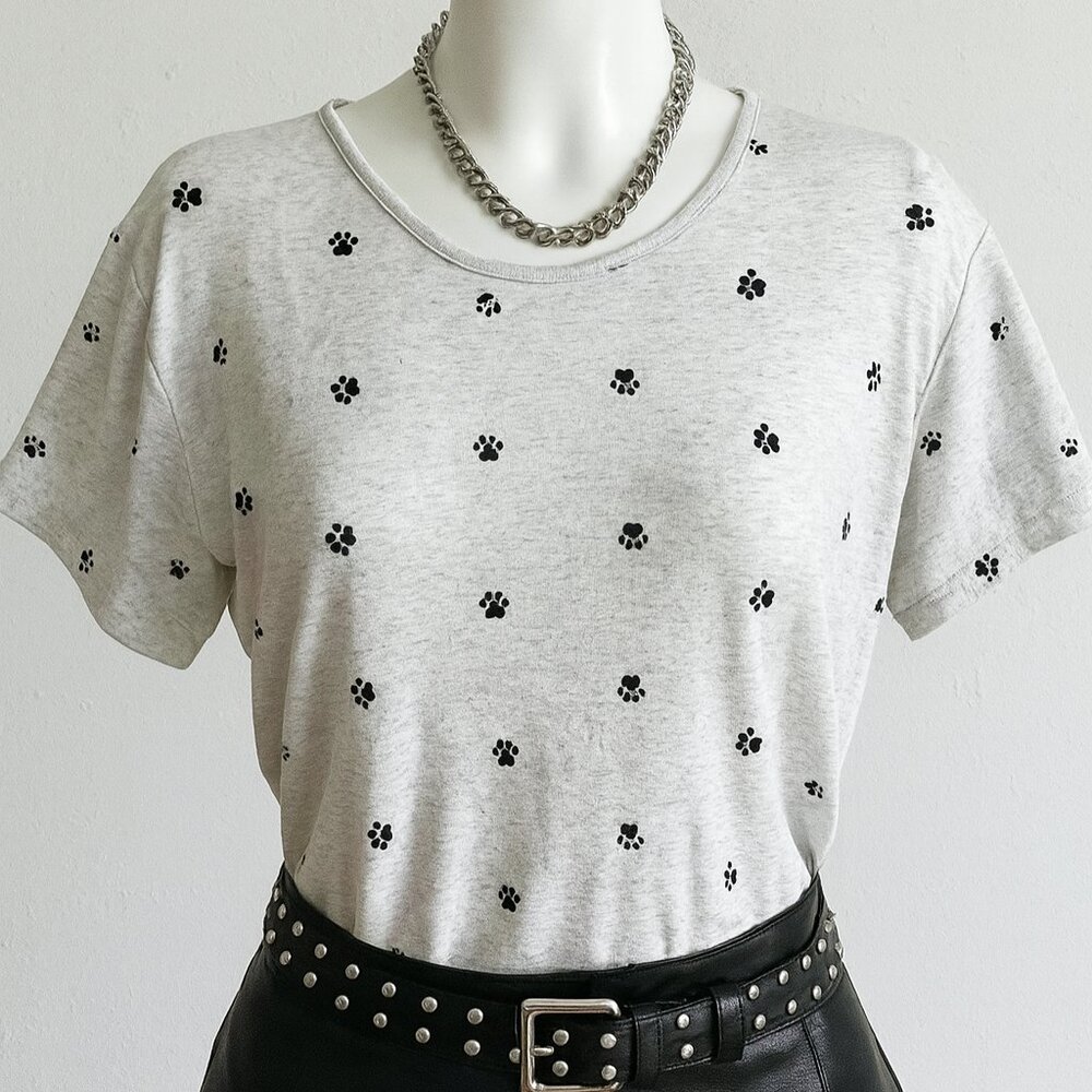 Vintage Can Cans Heather Gray Size Large Paw Print Embroidered Tee Knit Material